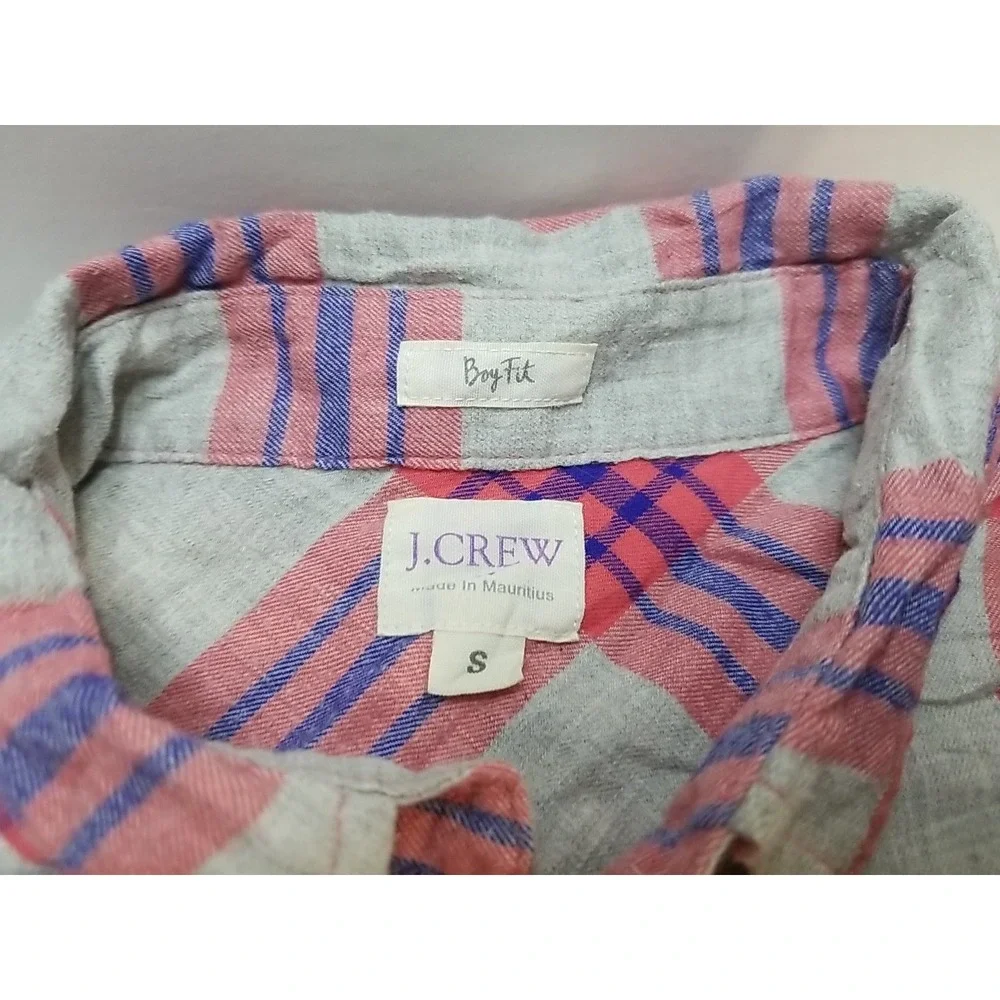 J. Crew Womens Boy Fit Plaid Button Up Shirt Small Long Sleeve Pink Gray